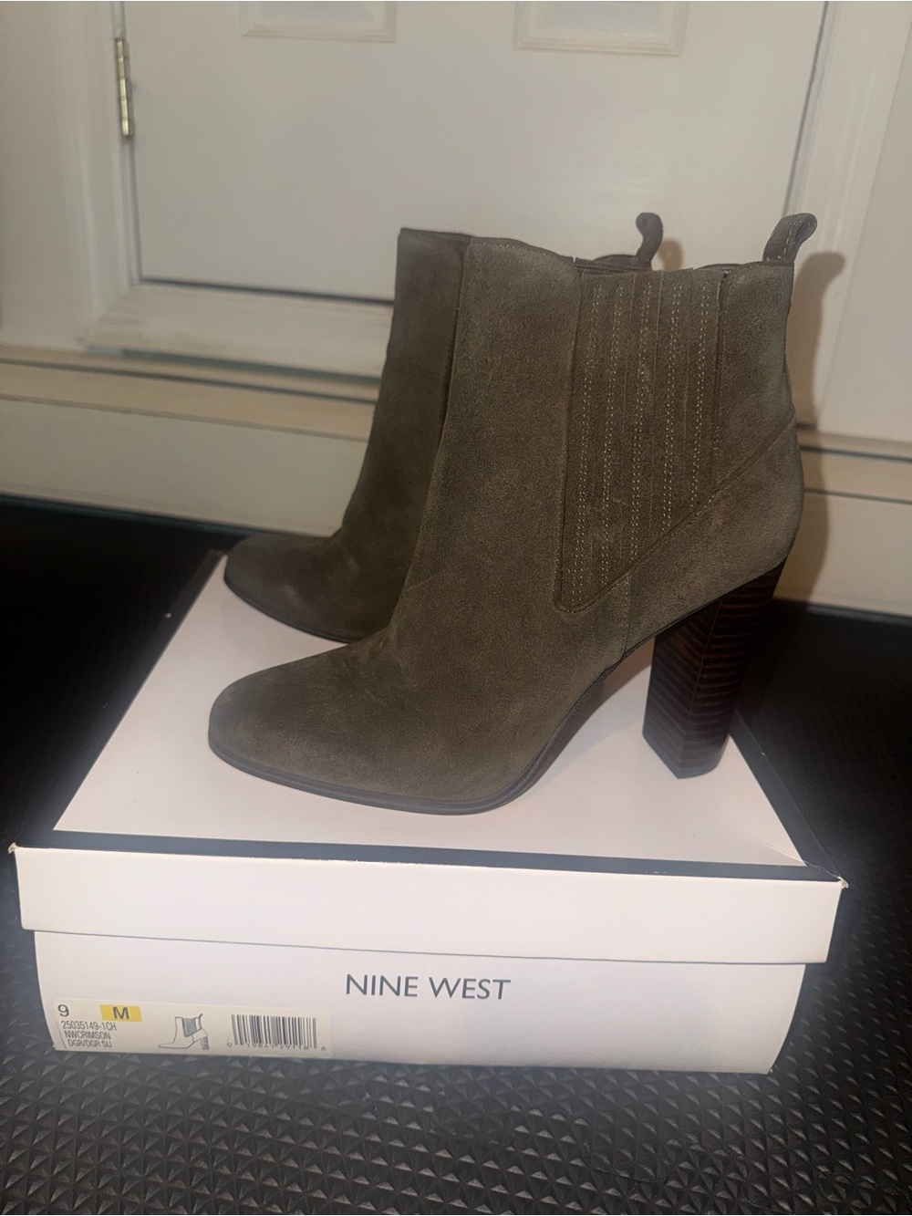 Nine West Olive Suede Block Heel Ankle Boots